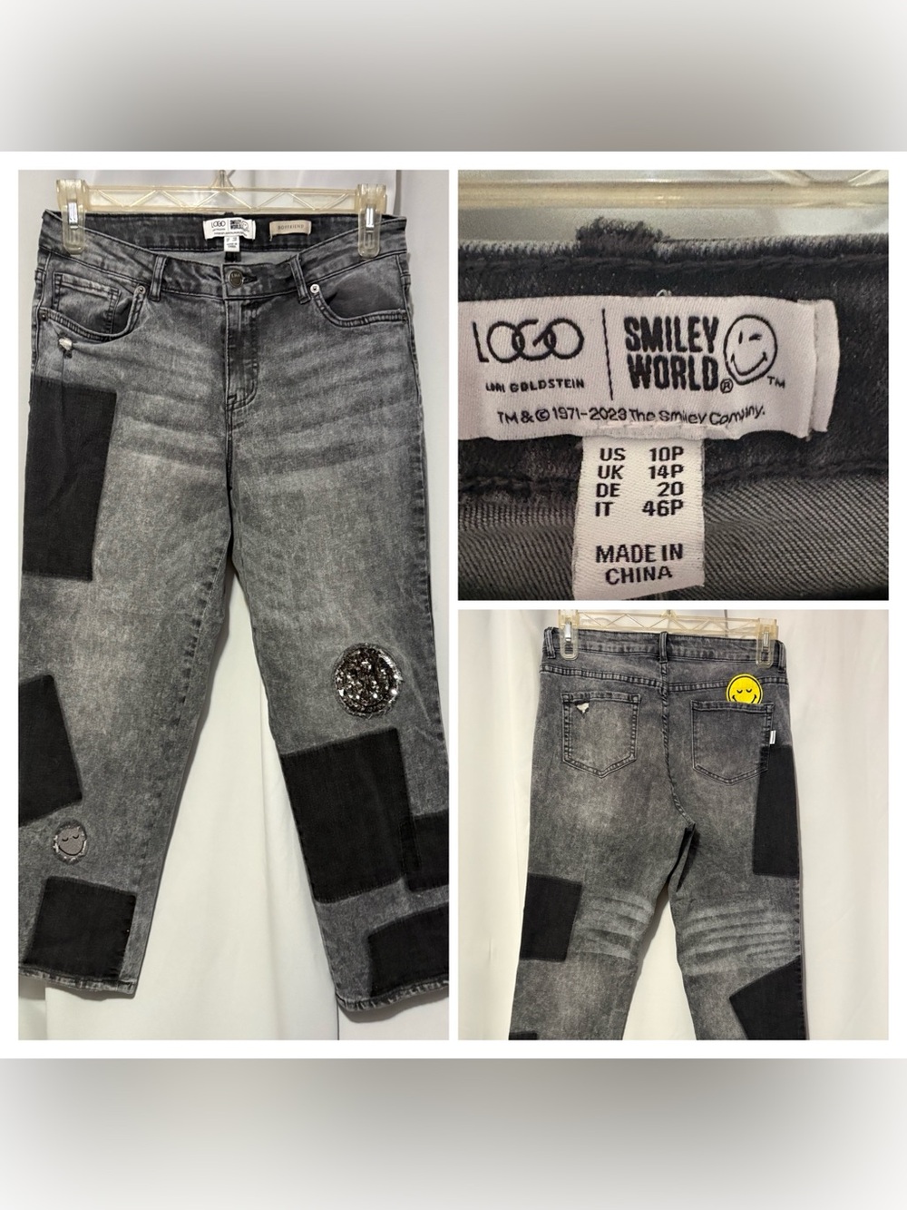 LOGO by Lori Goldstein Gray Patchwork Straight-Leg Jeans with Sequin Accent
